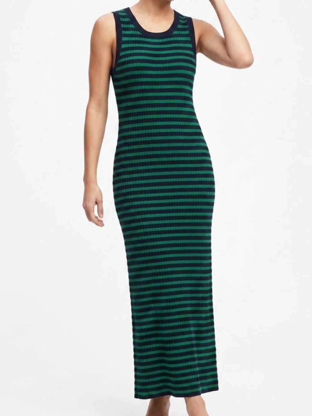 Ribbed Knit Banana Republic Navy Green Stripe Sleeveless Maxi Dress Size M Petit